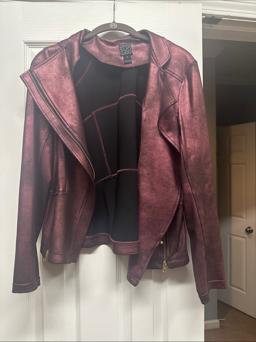CLARA SUNWOO Metallic Burgundy Moto Jacket